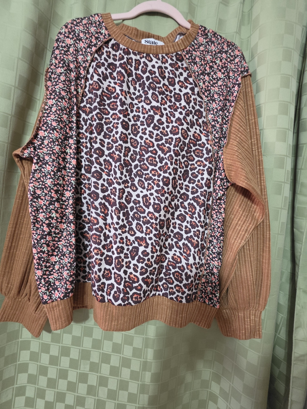 State Floral & Leopard Mixed-Print Pullover in Rust and Pink. NWOT